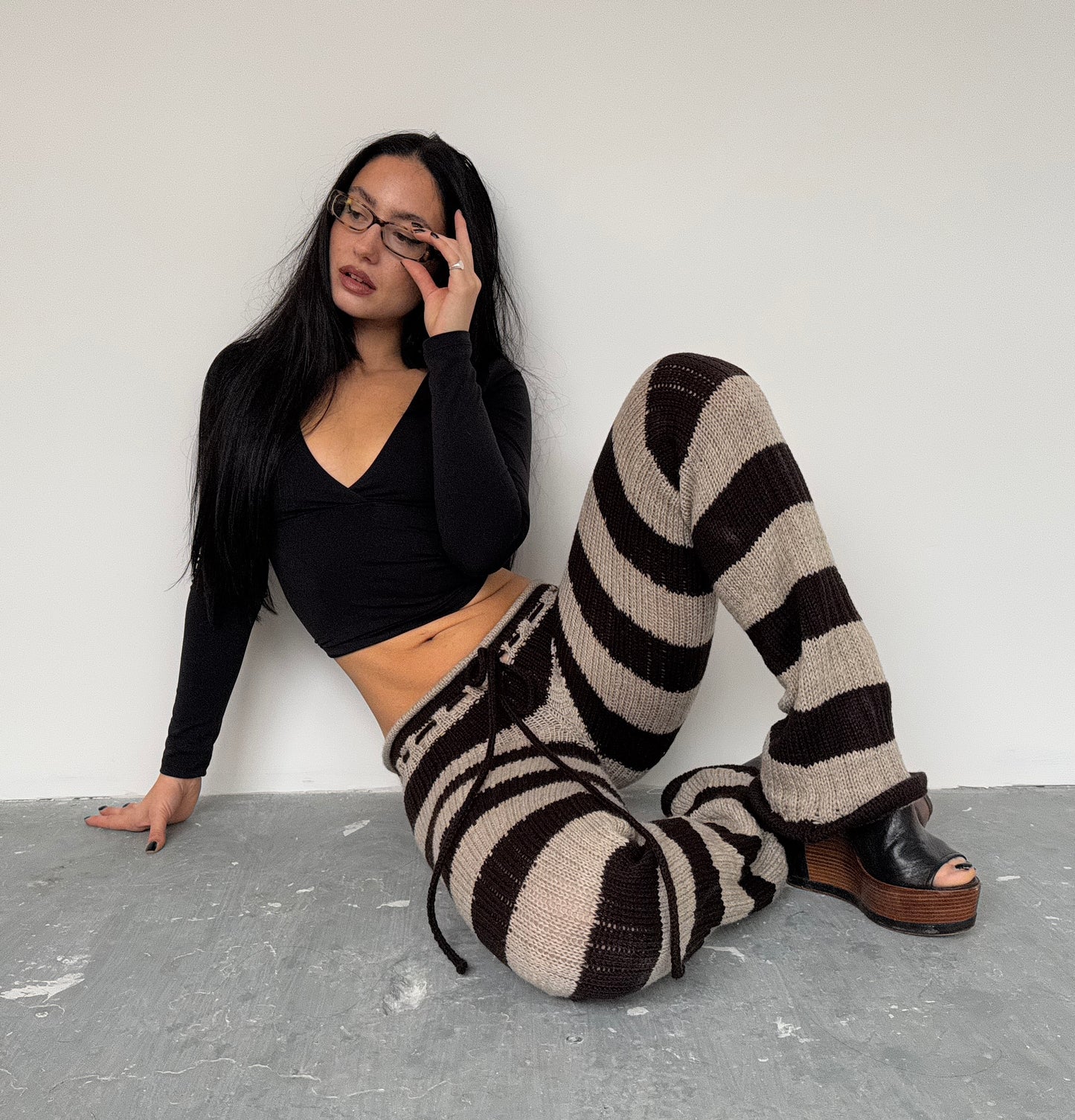 Stripey brown knit trousers