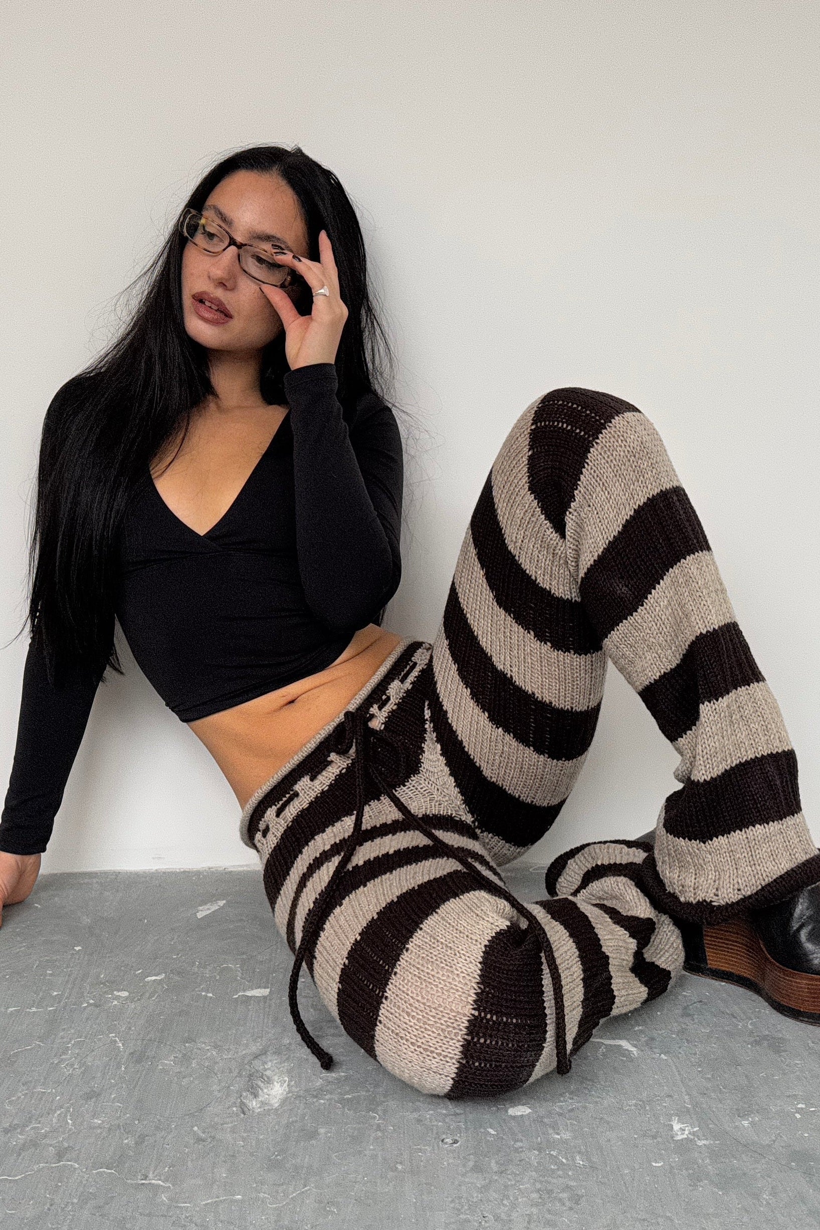 Striped brown knit trousers
