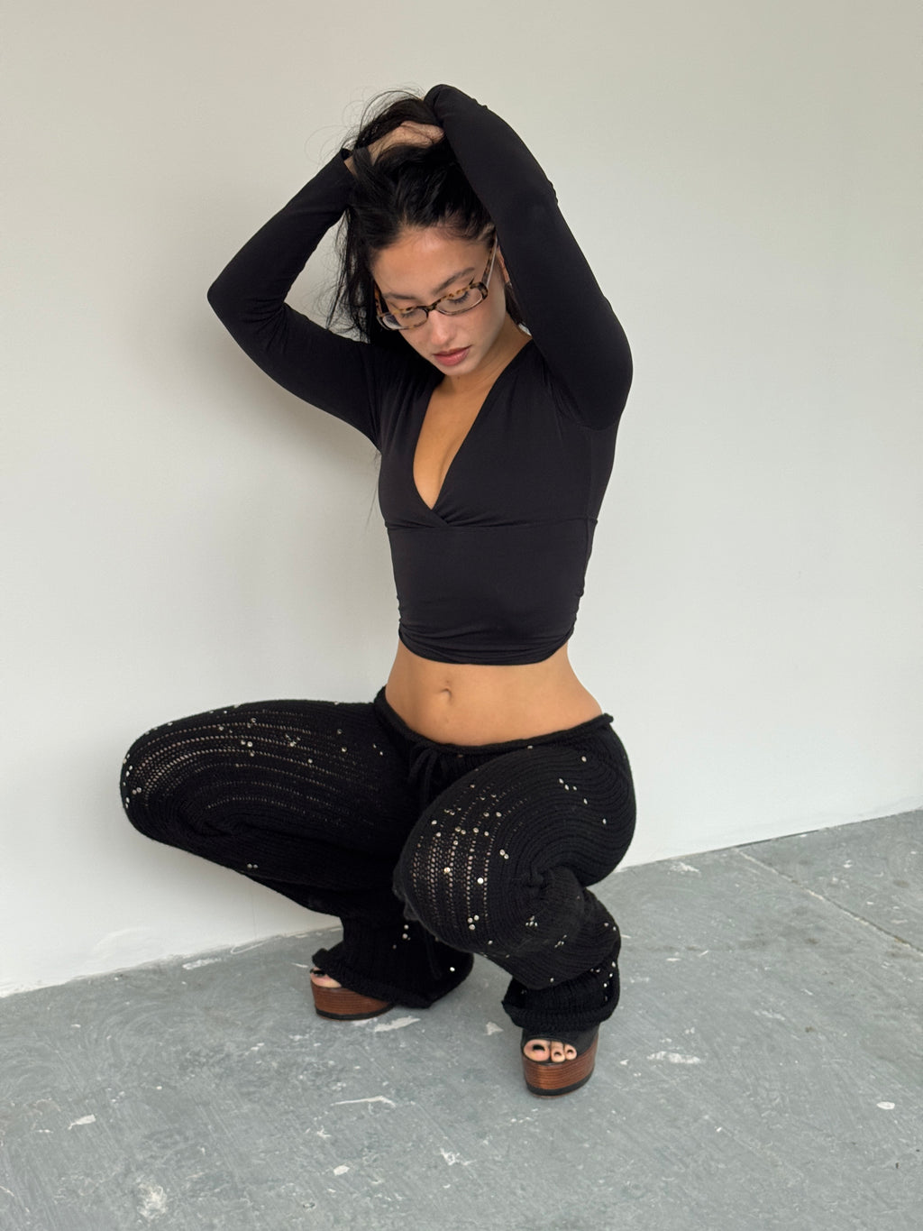 Black Studded Knit Trousers - Sample