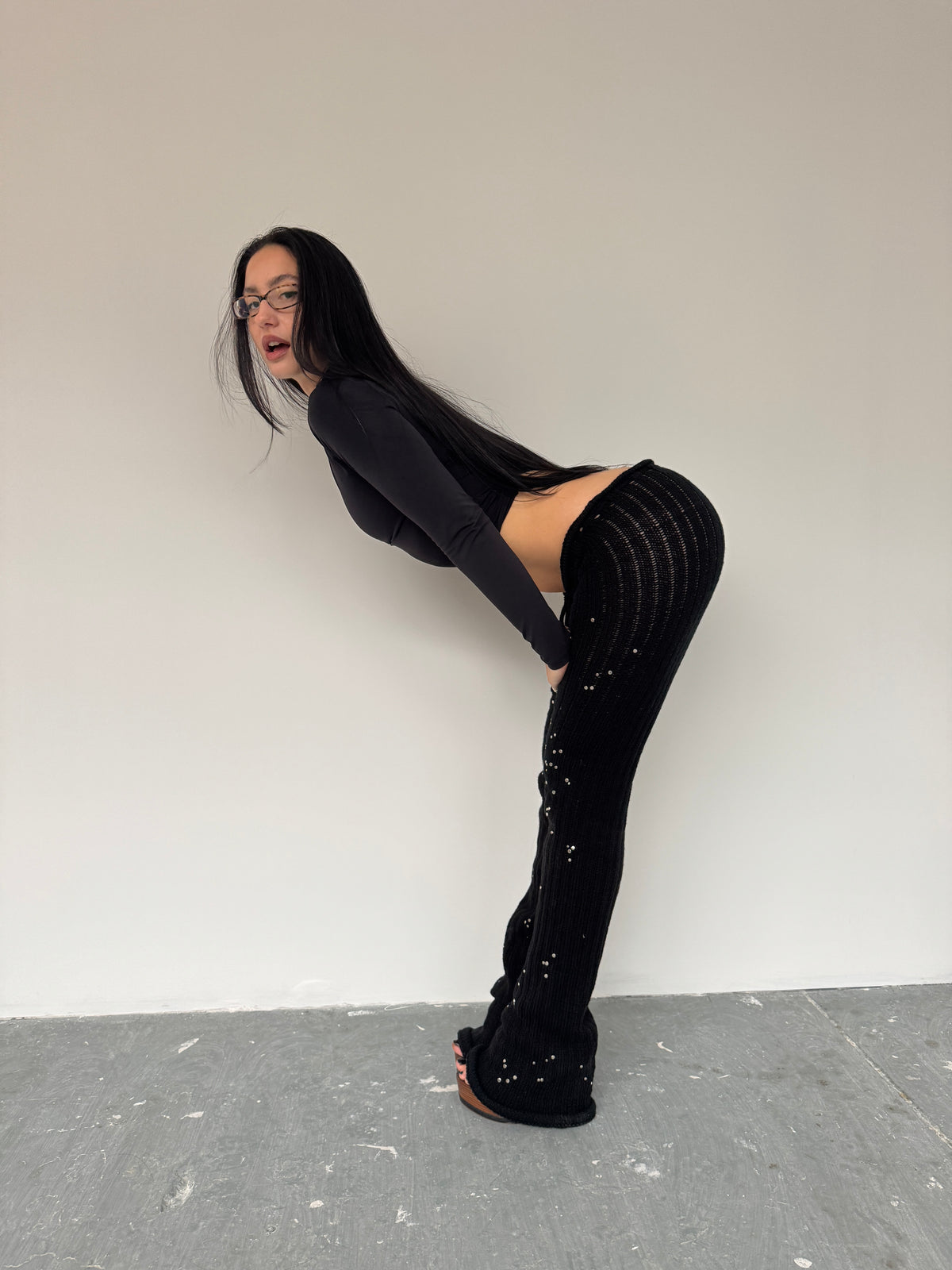 Black Studded Knit Trousers - Sample