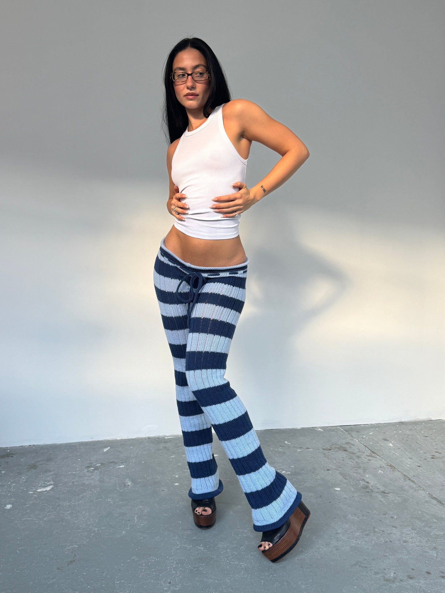 Stripey blue knit trousers