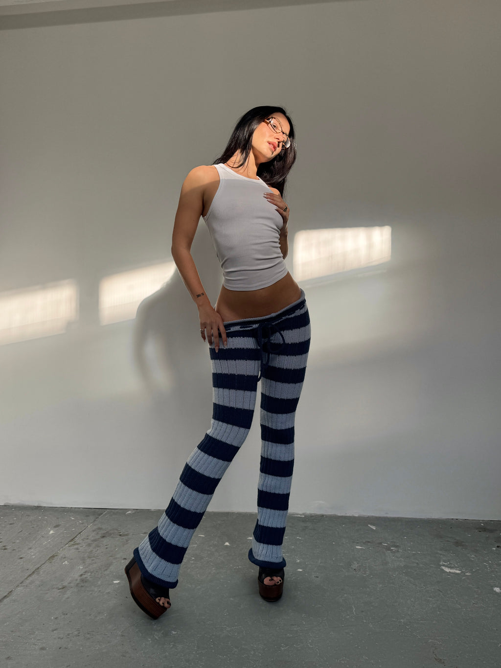 Stripey blue knit trousers