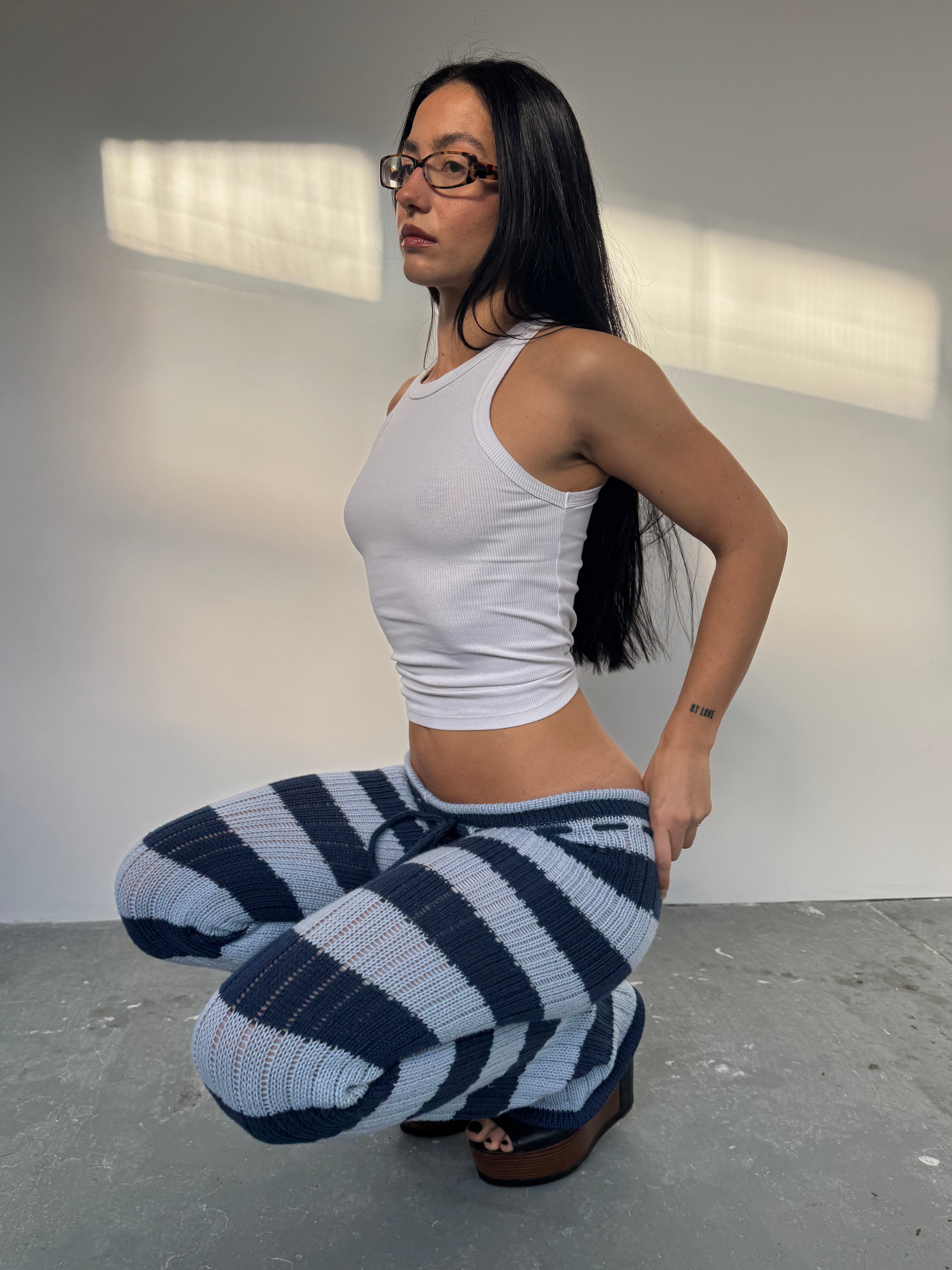 Stripey blue knit trousers