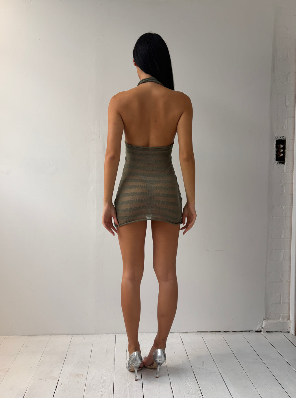 Khaki Striped Halter Mini Dress