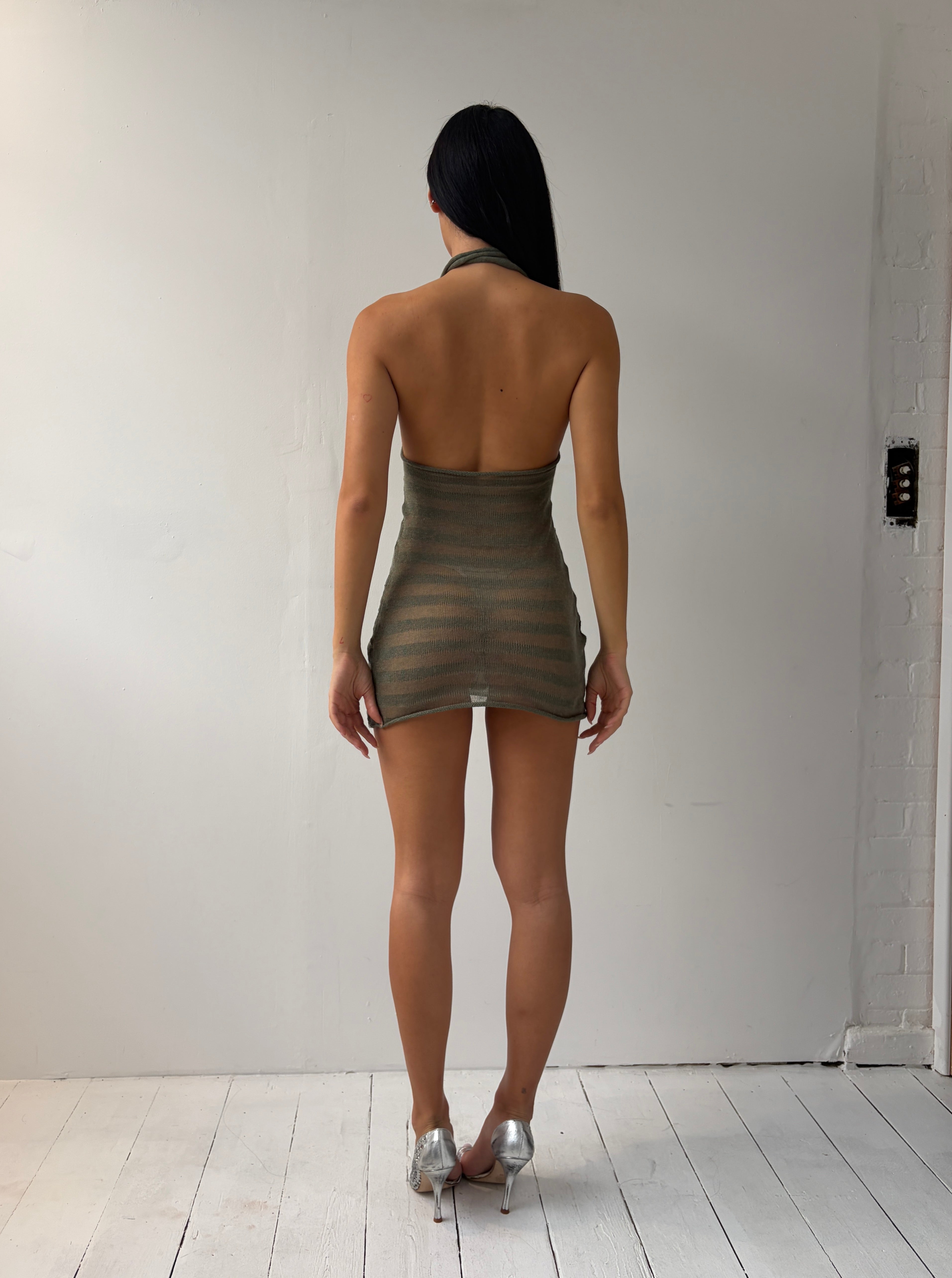Khaki Striped Halter Mini Dress